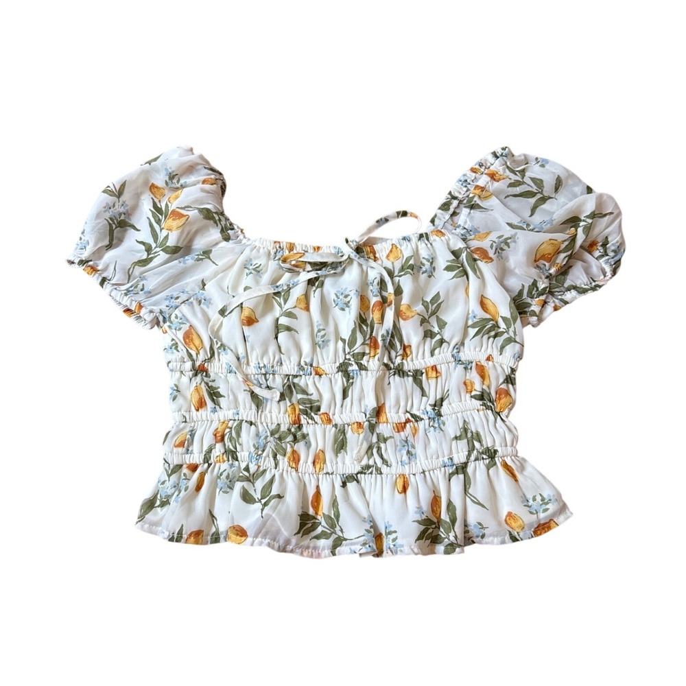 Papaya Floral Crop Top Womens White Lemon Print Boho Smocked Peplum SIZE Medium